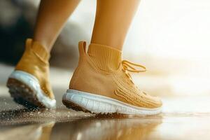 A pair of yellow running shoes splashing through a puddle. photo