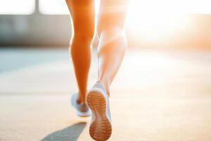A person's legs running on a paved road with the sun shining. photo