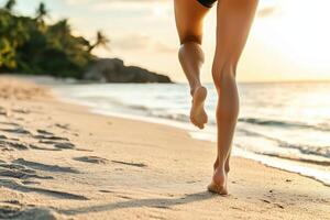 Running barefoot on a serene tropical beach at sunrise, with golden sand and gentle ocean waves, photo