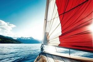 A stunning view from a sailboat with vibrant red sails, gliding across serene blue waters under a bright sky photo