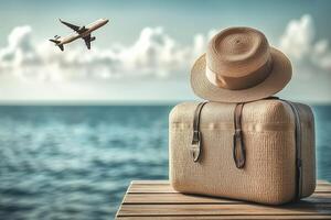 A travel-inspired scene featuring a straw hat on a suitcase by the sea, with an airplane soaring above photo