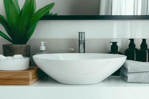 A modern bathroom vanity with a white sink, black faucet, and various toiletries. photo