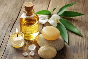 A Tranquil Spa Setting Essential Oil and Stones photo