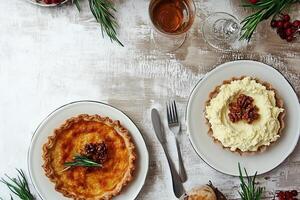A Festive Feast Quiche, Mashed Potatoes, and Wine, photo
