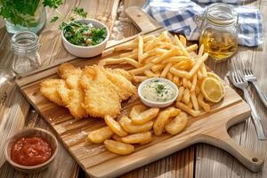 A Classic British Feast Fish and Chips with All the Fixings photo