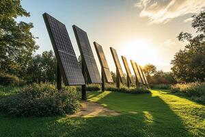 Harnessing the Sun's Power A Solar Panel Array in a Lush Green Landscape photo