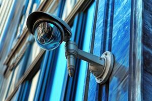 A security camera mounted on a blue wall, capturing the surroundings. photo