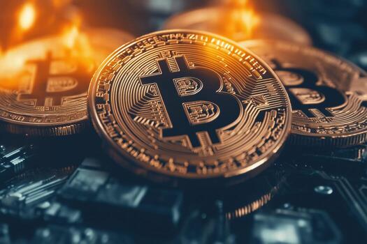 Several Bitcoin coins arranged on a circuit board, with a warm glow highlighting their digital nature. photo