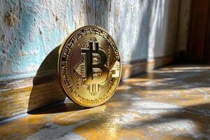 A golden Bitcoin coin resting on a wooden floor, bathed in sunlight. photo
