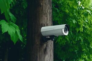 A security camera mounted on a tree trunk, surrounded by lush green foliage. photo