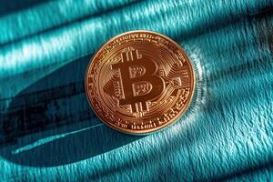 A golden Bitcoin coin resting on a blue surface, reflecting the digital nature of cryptocurrency. photo