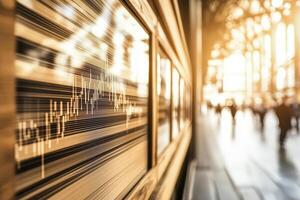 A bustling city street with a large digital display showing financial data. photo