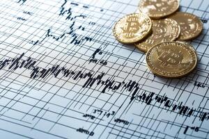 Bitcoin coins resting on a financial chart, representing the cryptocurrency's volatility and potential for investment. photo