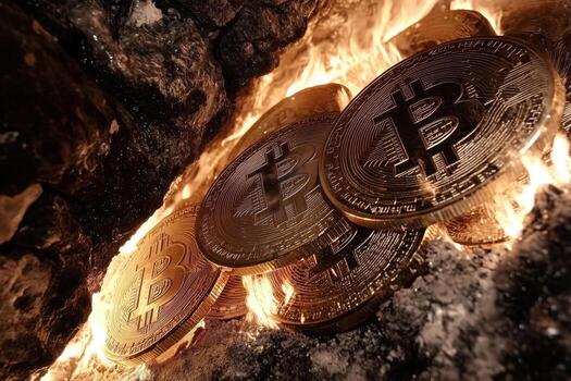 A group of Bitcoin coins engulfed in flames, symbolizing the cryptocurrency's fluctuating value and potential risks. photo