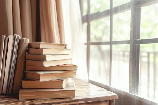 A stack of books resting on a windowsill, bathed in soft sunlight. photo