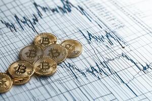 Bitcoin coins scattered on a chart showing its price fluctuations, representing the cryptocurrency's volatility. photo