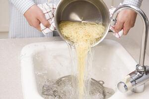 Person Draining Spaghetti, Close View Background, Food Photography photo