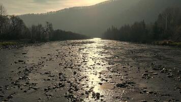 solbelyst flod strömmande genom en dal. en lugna flod reflekterande solljus som den flöden genom en lugn dal, omgiven förbi träd och kullar under en dimmig himmel. video