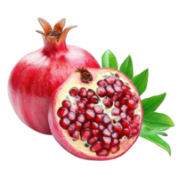 Collection of . A Whole and Half Pomegranate with Green Leaves, isolated on a transparency background. png