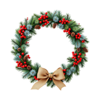 A christmas wreath made of pine branches with red berries and burlap ribbon bow on it png