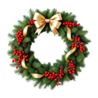 A christmas wreath made of pine branches with red berries and burlap ribbon bow on it file png