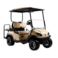 A beige and black modern golf cart with two seats and a roof, positioned against a plain isolated on transparent background png