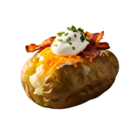 A baked potato with bacon and cheese on top png