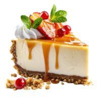 A slice of creamy cheesecake topped with caramel drizzle, fresh strawberries, cranberries, and mint leaves. png
