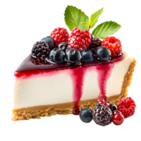 A delicious cheesecake slice topped with an assortment of fresh berries and drizzled with berry sauce. png