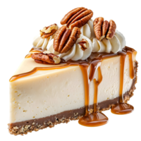 A delicious slice of cheesecake topped with whipped cream, pecans, and caramel sauce. png