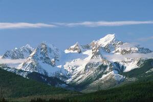 Majestic Snow-Capped Mountain Under a Cloudy Sky with Lush Greenery and Glacial Features photo
