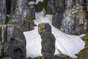 rocks waterfall and glacier at the Alkefjellet between Spitsbergen and Nordaustlandet on Svalbard, Norway photo