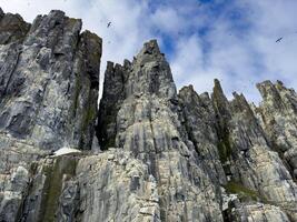 rocks waterfall and glacier at the Alkefjellet between Spitsbergen and Nordaustlandet on Svalbard, Norway photo