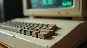 Vintage computer keyboard with a green monochrome monitor photo