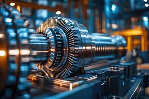 Industrial gear shaft rotating in a factory setting with gears and cogs photo