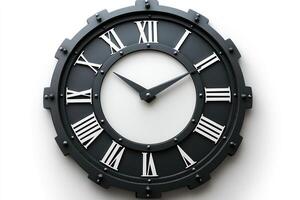 Industrial style clock showing time on white background photo