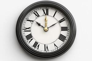 Classic clock showing five minutes to twelve on white background photo