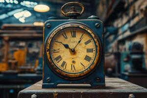 Old clock showing time in workshop setting photo