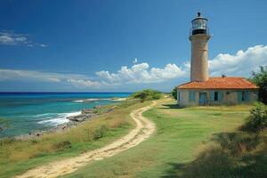 Lighthouse overlooking tropical turquoise ocean in cuba photo