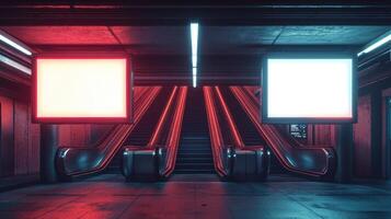 Two blank billboards illuminating empty escalators in subway station photo