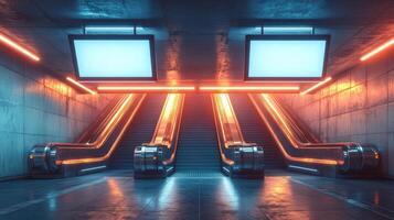 Escalators leading to blank billboards in futuristic subway station with neon lights photo