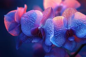 Vibrant orchid flowers blooming in a soft blue light photo