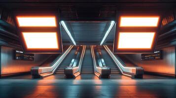 Escalators leading to futuristic subway station with blank billboards photo