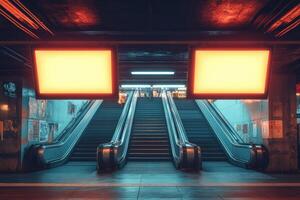 Empty subway station with escalators and blank billboards illuminated at night photo