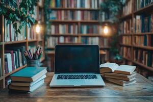 Laptop and books resting on desk in cozy library setting photo
