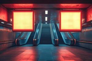Empty subway station with escalators and blank billboards illuminated at night photo
