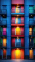 Modern apartment building with colorful led lighting displaying futuristic architecture at dusk photo