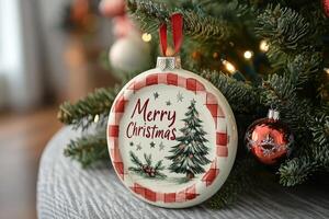 Christmas ornament hanging on christmas tree with red ribbon and gingham pattern photo