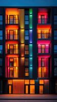 Modern apartment building with colorful led lighting displaying futuristic architecture at dusk photo