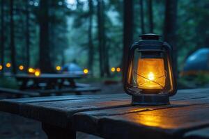 Kerosene lantern illuminating campsite in forest at dusk photo